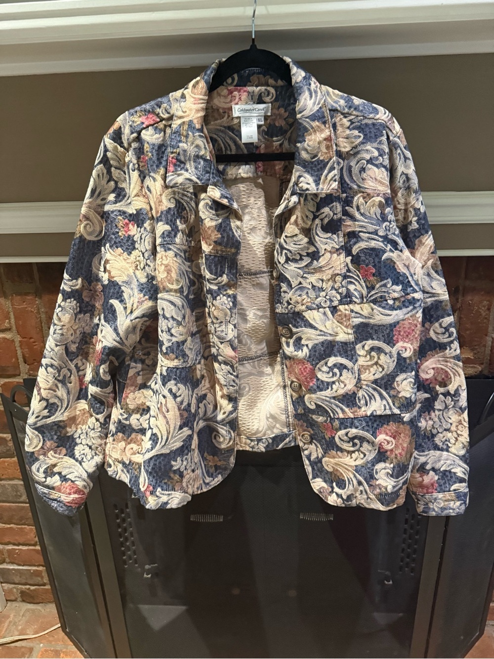 VTG Coldwater Creek Blue Floral Tapestry Jacket XL Made in USA Boho